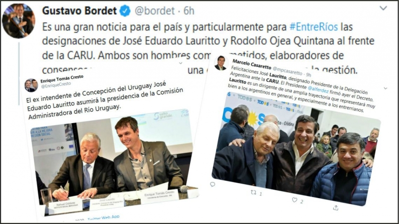 Bordet, Casaretto y Cresto celebraron la designación de Lauritto en la CARU