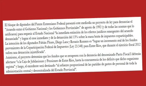 El FEF quiere derogar el Pacto Fiscal con la Nación