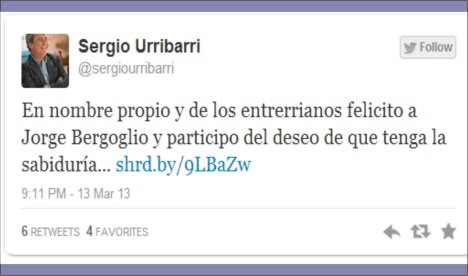 En nombre de los entrerrianos, Urribarri felicitó a Bergoglio