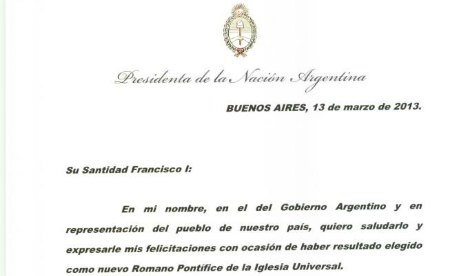 CFK saludó y felicitó al Papa Francisco I