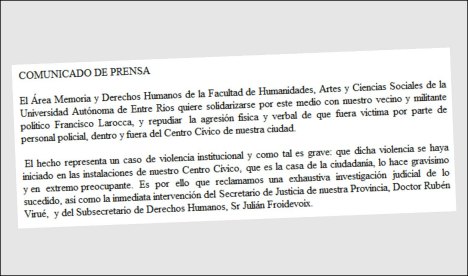 El Área Memoria y DD.HH. de la Uader se solidarizó con Larocca y pidió que se investigue lo sucedido
